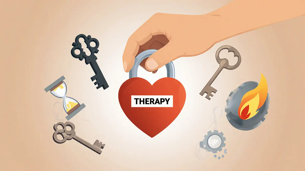 Klíč od terapie otvírající srdce, s různými symboly terapeutických přístupů