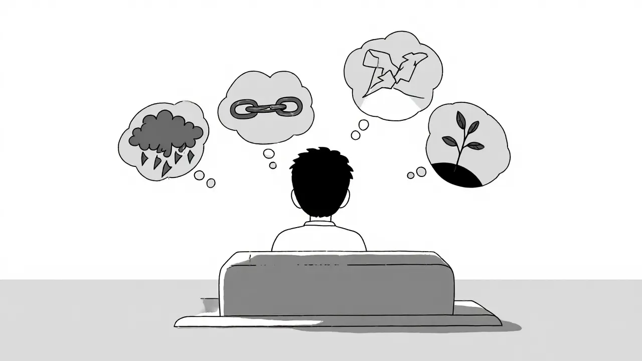 Klient na lehátku s myšlenkami o úzkosti, trauma a přijetí sebe sama