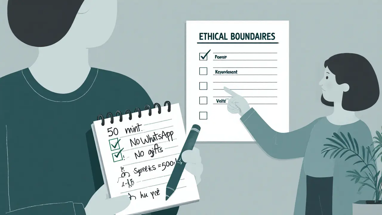 Klient si poznámky o etických hranicích terapie, terapeut ukazuje na kontrolní seznam.