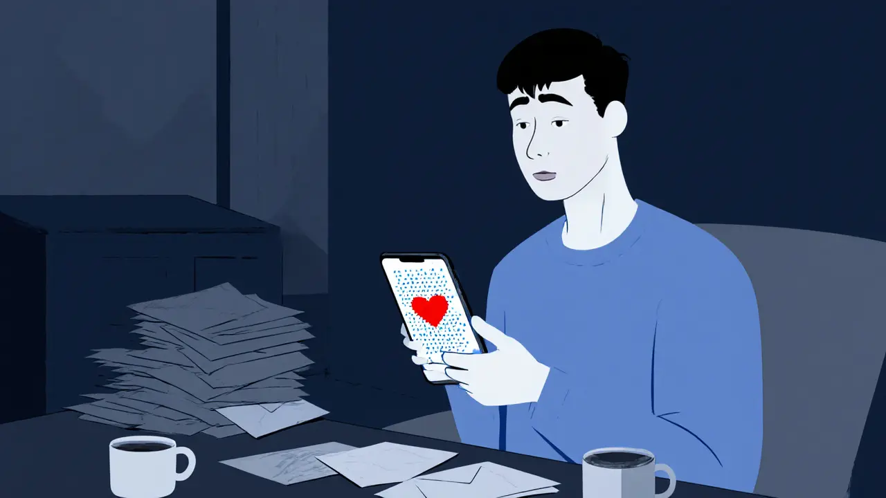 Muž hledí do telefonu v tichém bytě, okolo něj prázdné šálky.