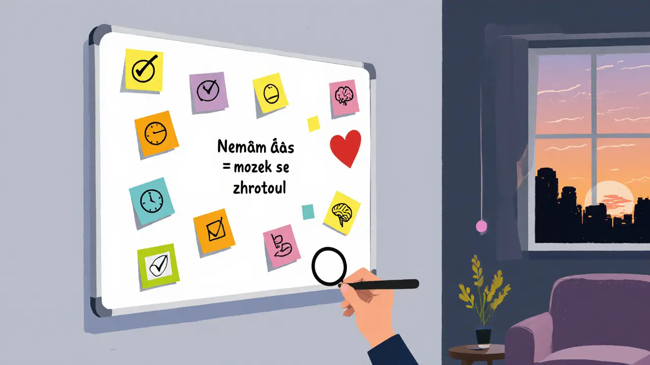 Na zdi je vizuální tabule s nálepky, jedna označuje výrok o ADHD a mozkovém přetížení.