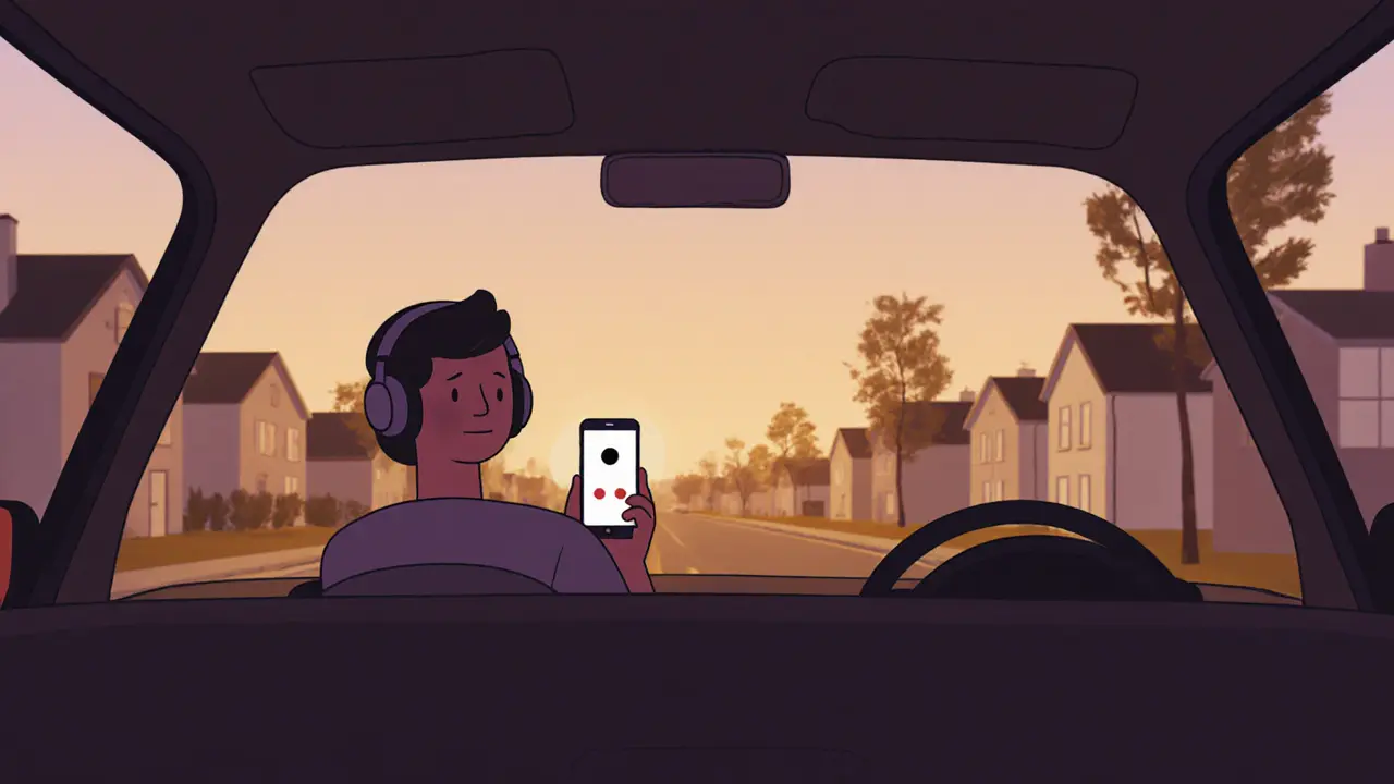 Osoba dělá online terapii v parkovaném autě ve večerním světle, hlavu osvětluje světlo z palubní desky.