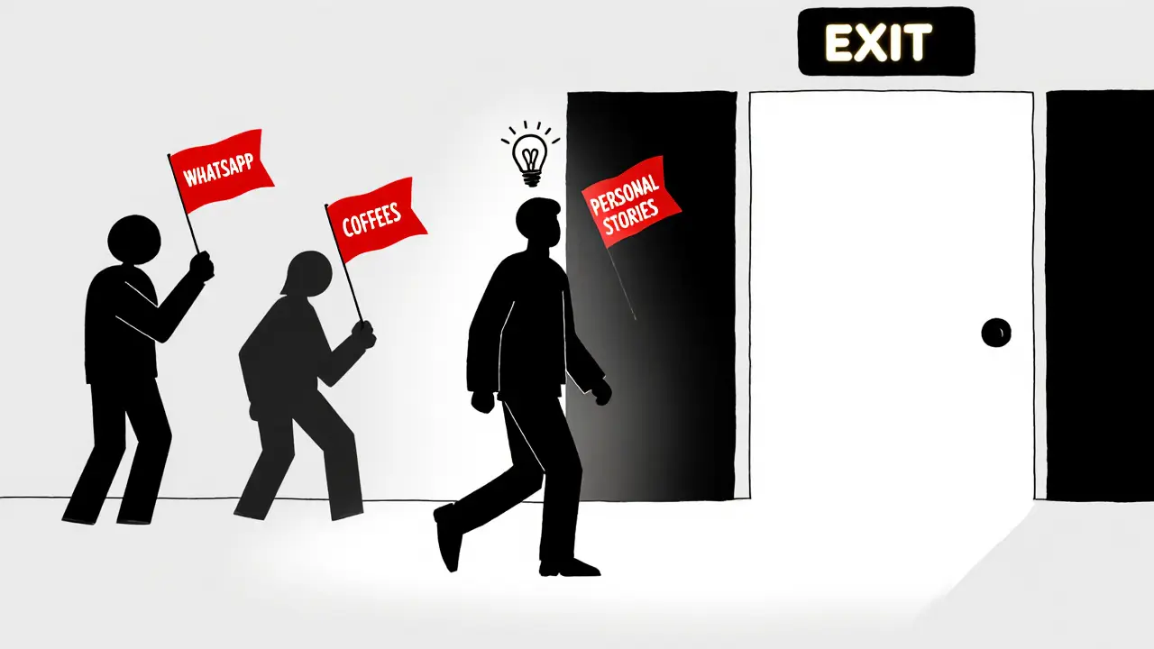 Osoba opouští terapeutickou kancelář, červené vlajky překročení hranic se rozplynou v temnotě.