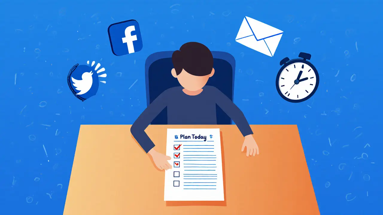 Osoba před prázdným plánem, okolo ní rozptylující předměty, jen jedna úloha dokončena.