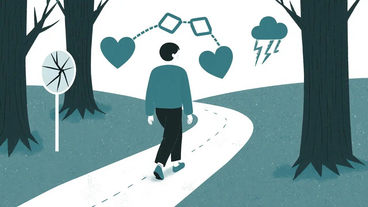 Osoba prochází cestou lesem, kolem ní abstraktní symboly emocí a vzorů chování.