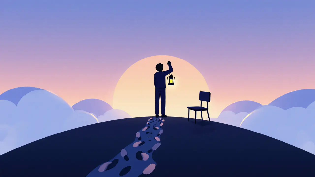Osoba stojí na kopci na východu slunce, drží lucernu, za ní prázdná židle — symbol ukončení terapie.