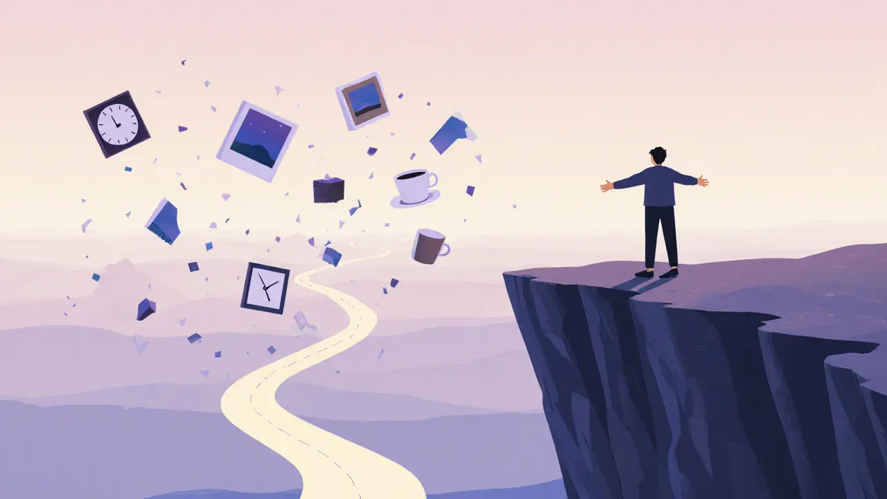 Osoba stojí na okraji útesu, kolem ní plavou kousky minulosti, cesta se táhne dolů.