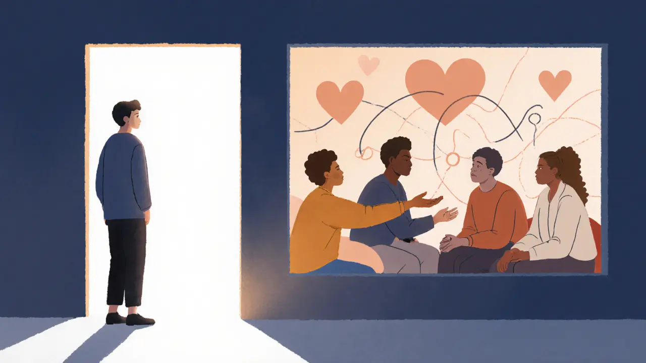 Osoba stojí u dveří a hledí do skupiny, která ji přijímá, symbolizující pocit příslušnosti.