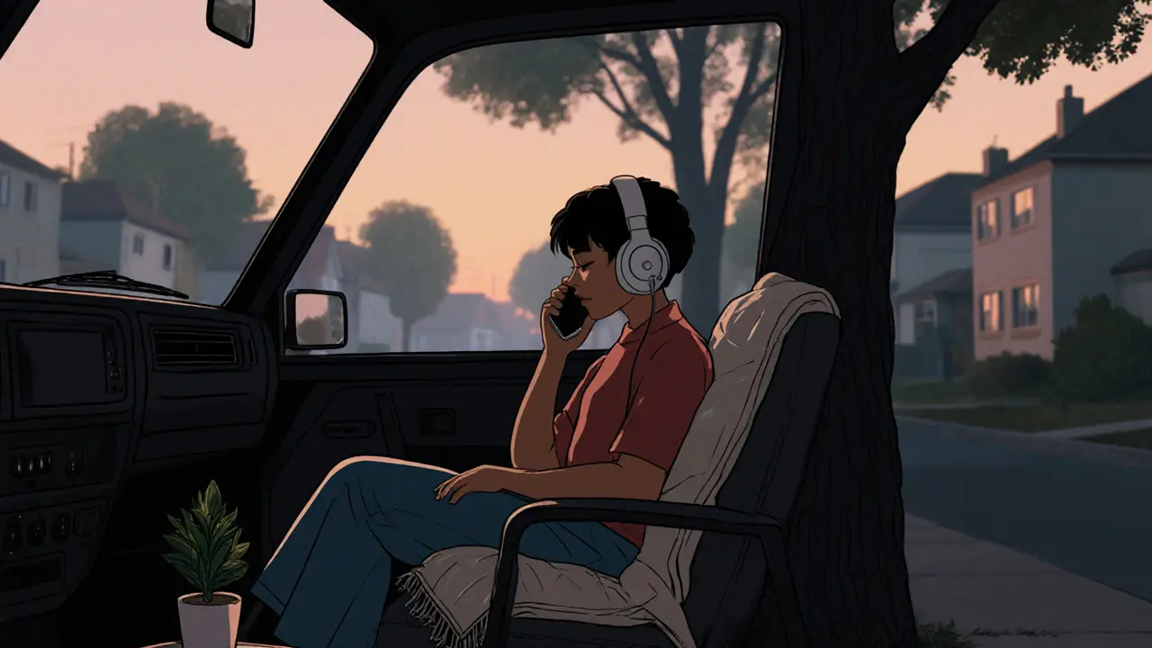 Osoba v autě během online terapie, klidně sedí na židli, zaparkovaná pod stromem ve večerním světle.