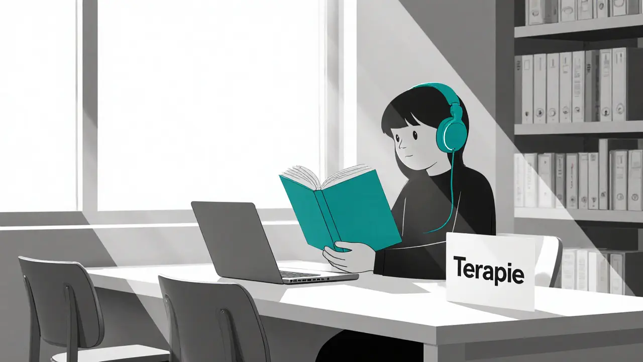 Osoba v tiché knihovně dělá terapii, sedí v studovně s laptopem a knihou, slunce svítí z okna.