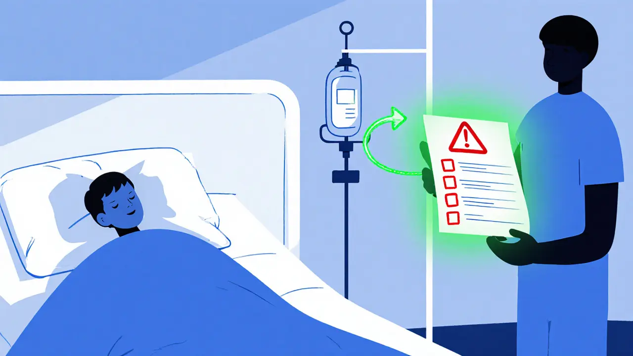 Pacient v nemocnici s lékařem, který ukazuje na varování léků a kapalnou infuzi.