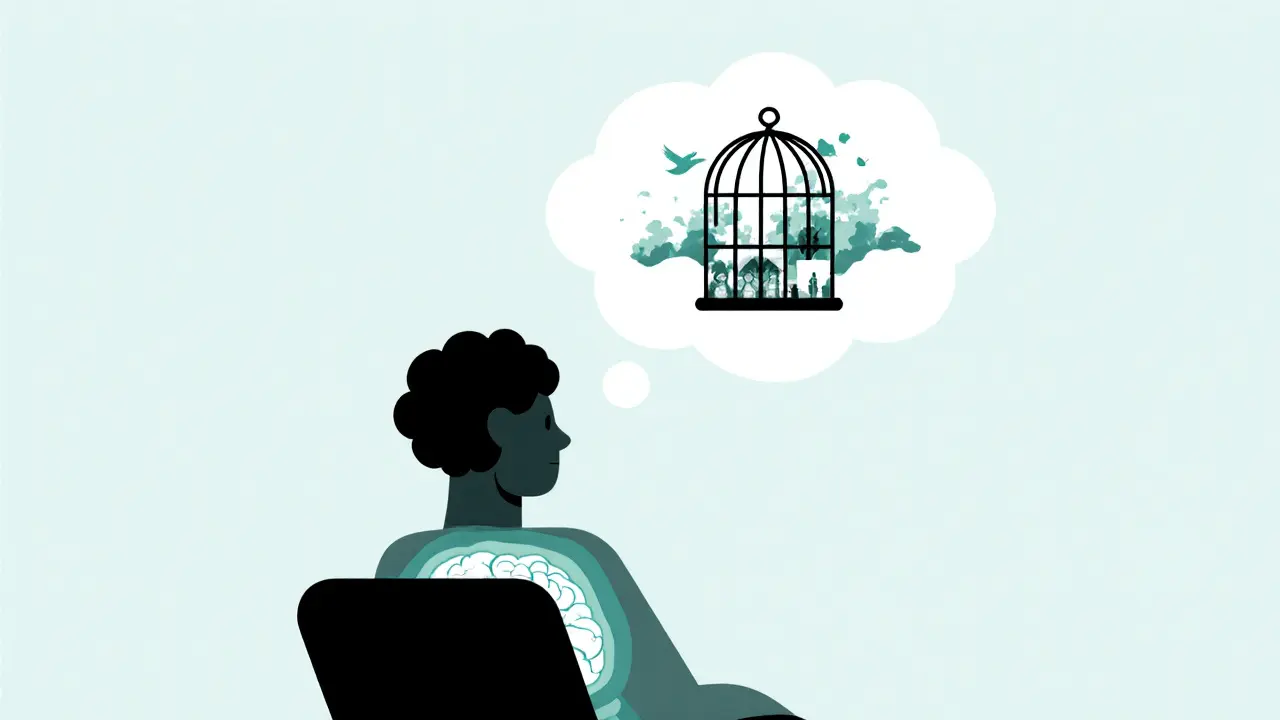 Postava s průhledným tělem ukazující klidný mozek a volně létající ptáka jako symbol svobody.