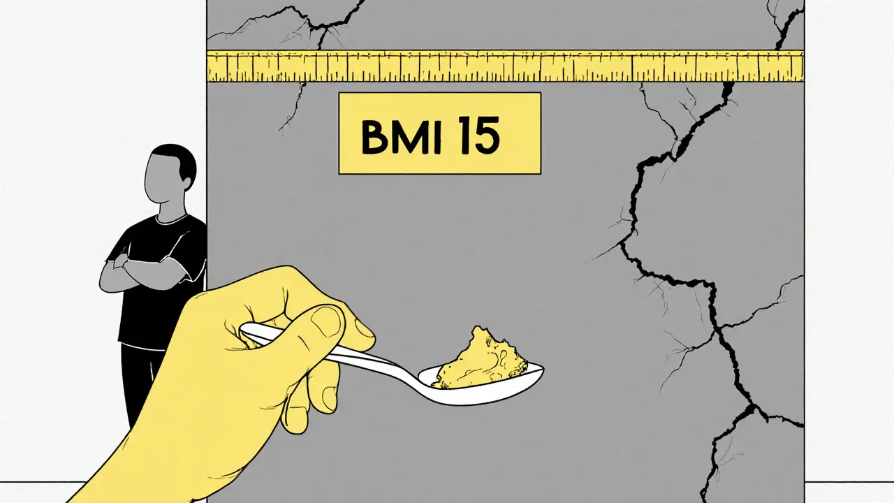 Ruce s lžící jídla vedle zdi s BMI 15 a prasklinami.