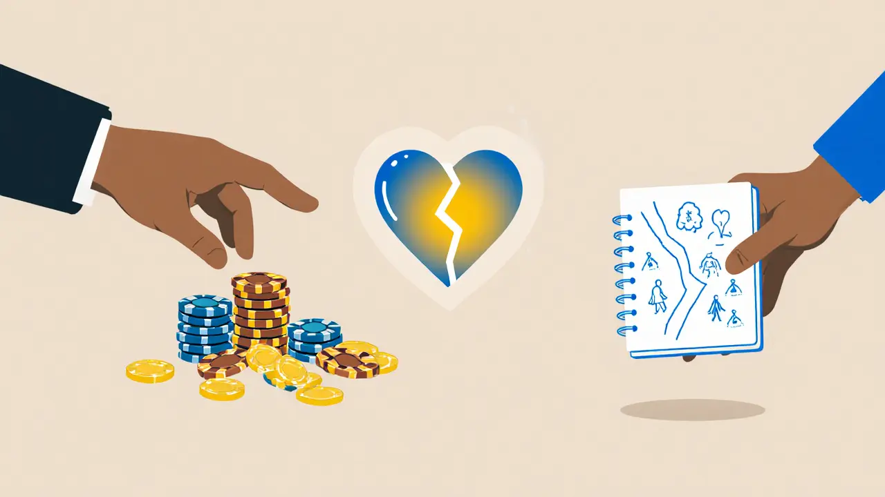 Ruce se táhnou k hazardu a terapii, mezi nimi prasklé srdce symbolizující vnitřní boj.