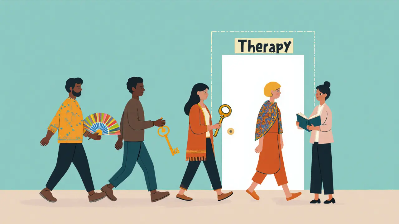 Různí klienti s kulturními symboly jdou ke dveřím terapie, terapeut je vítá.