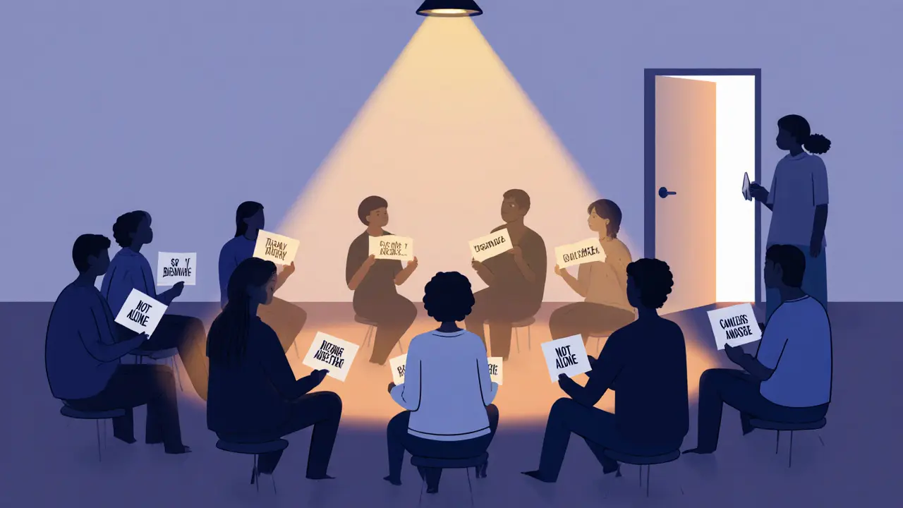 Skupina siluét v kruhu pod světlem, každá drží list s slovem podpory a jedna se dívá k světlu.