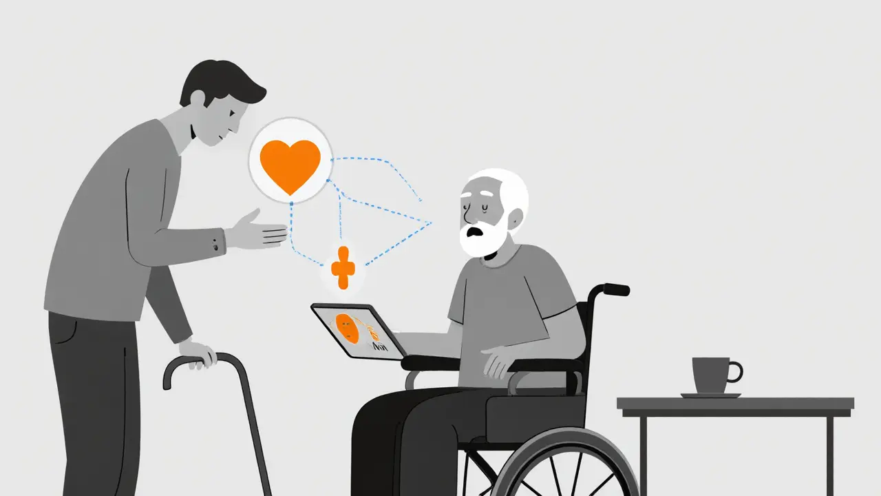 Technik instaluje tablet starému muži v křesle, digitální spojení k terapeutovi.