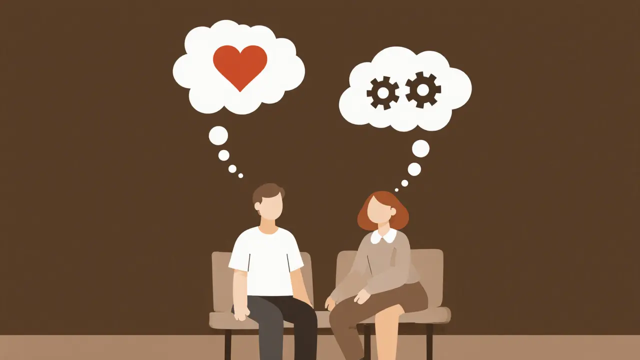 Terapeut a klient sedí vedle sebe, jejich myšlenky jsou znázorněny abstraktními oblaky.