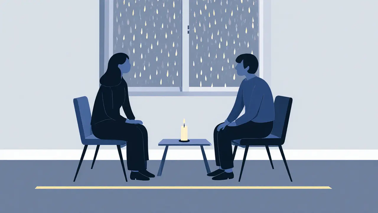 Terapeut a klient sedí vedle sebe, neohlížejí se, venku prší, mezi nimi svíčka.