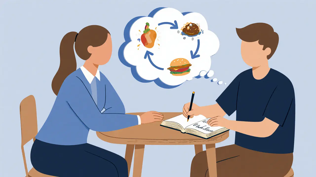 Terapeut a pacientka společně pracují na deníku, klíčový krok k porozumění bulimii.