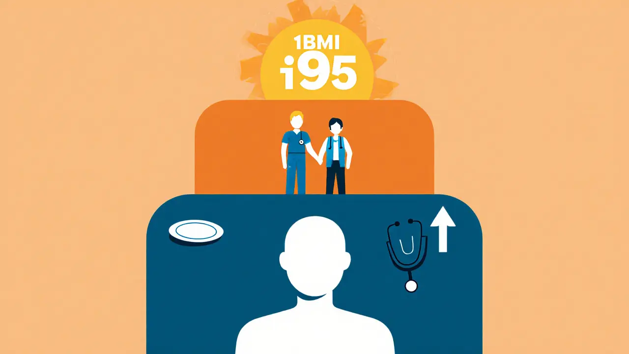 Tři postavy: pacient, tým a slunce s BMI 19.5 jako symbol naděje.