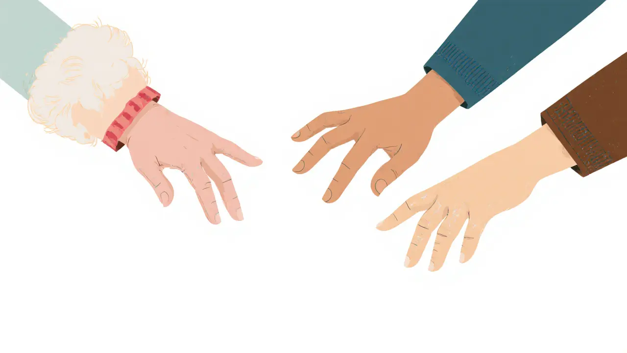 Tři ruce se snaží dosáhnout na sebe, ale nechytí se.