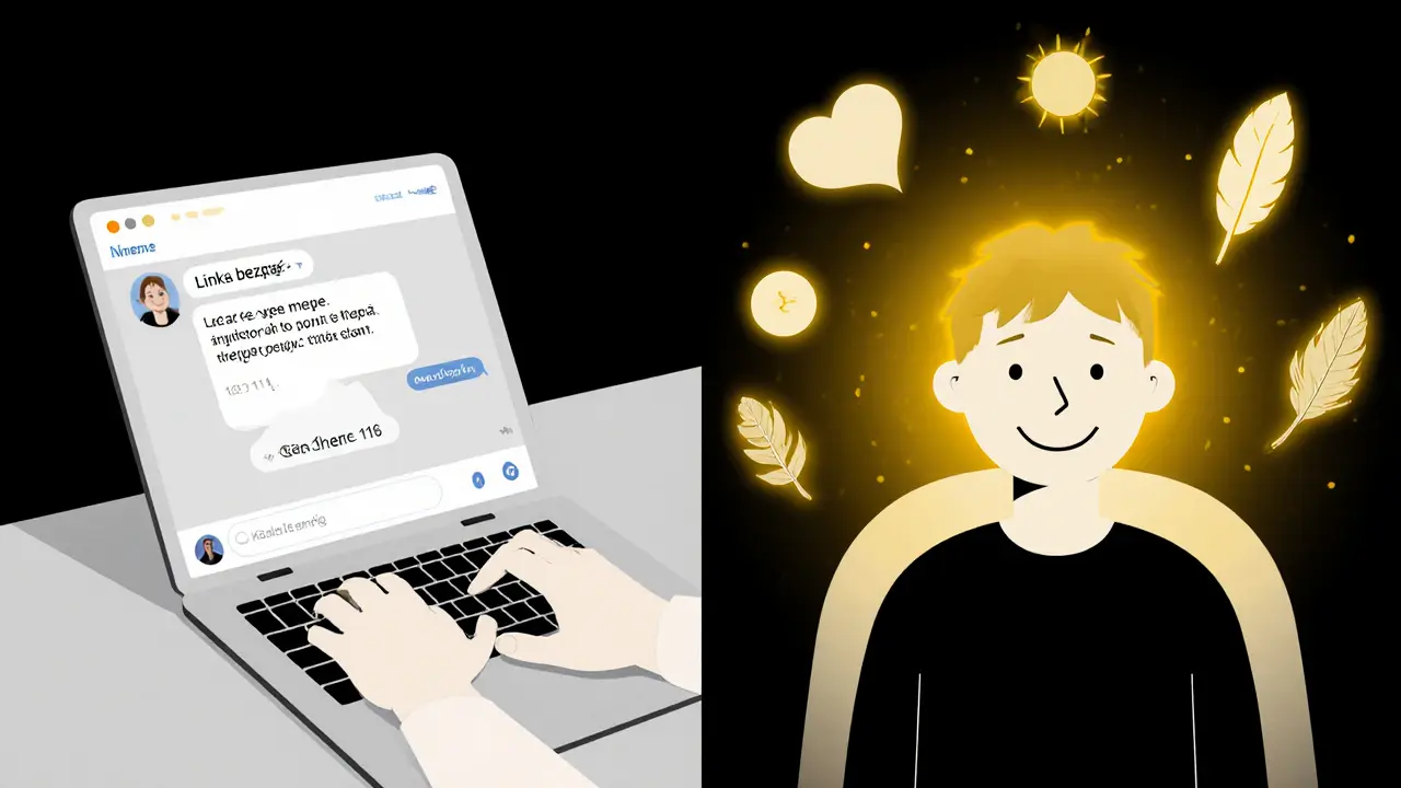 Young person chatting online with support service, warm light spreading from screen.