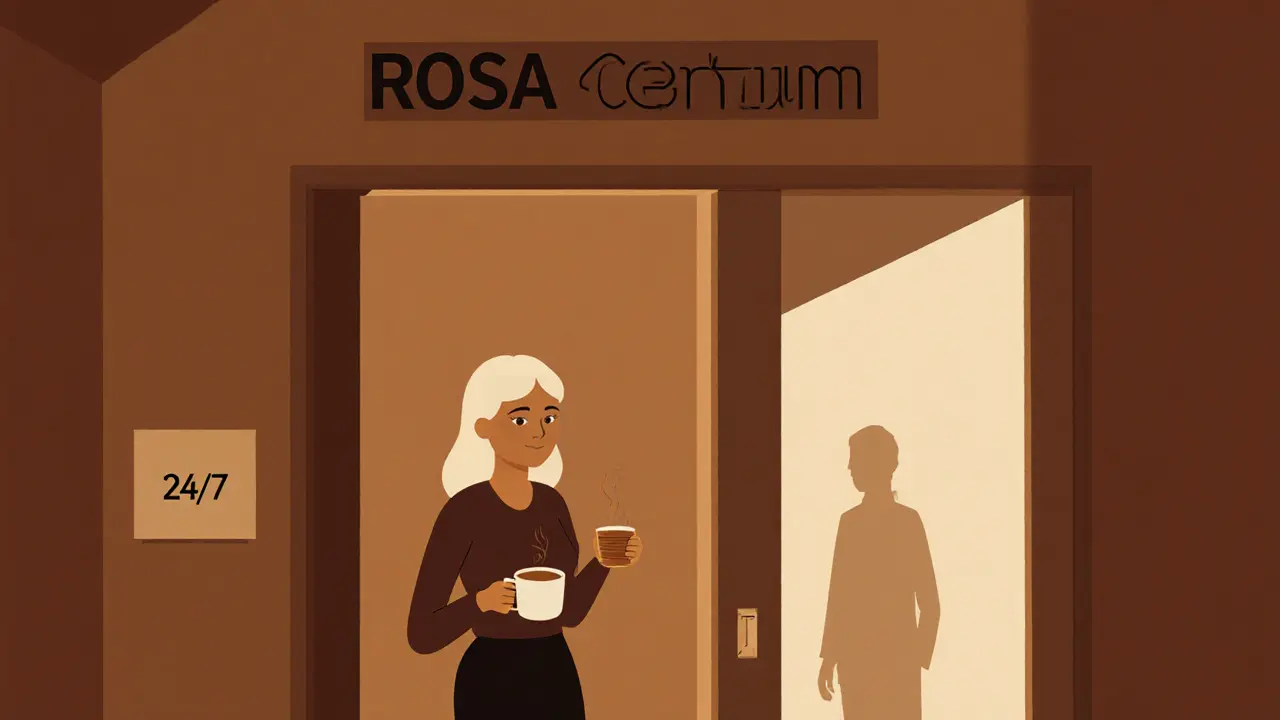 Žena je v bezpečném prostředí ROSA Centrum, drží šálek čaje, za ní je dveře označené 24/7.