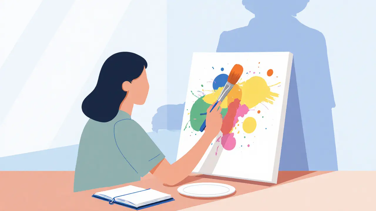 Žena maluje na plátně, zatímco její minulá verze se mění, znázorňující zotavení a objevování sebe.