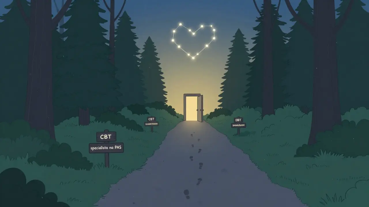 Cesta lesem s označenými terapeutickými přístupy vede k světlé dveřím, symbolizujícím nalezení správné pomoci.