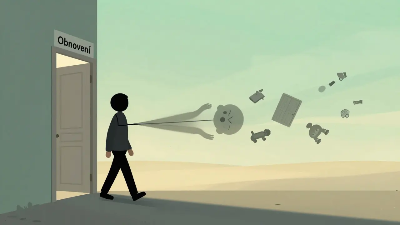 Člověk opouští minulost a vstupuje do světla obnovení, stíny za ním mizí.