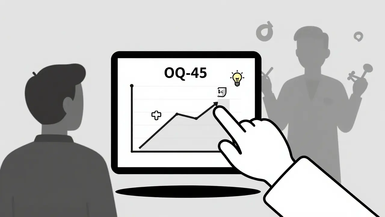 Digitální tabulka s růstovým grafem a ikonami terapeutických technik, terapeut ukazuje na výsledky.