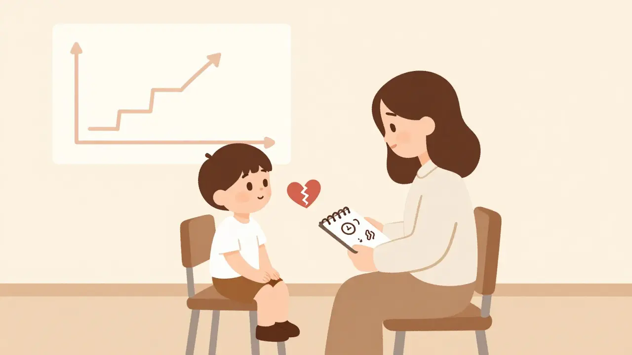 Dítě a psycholog v klidné místnosti během terapie.