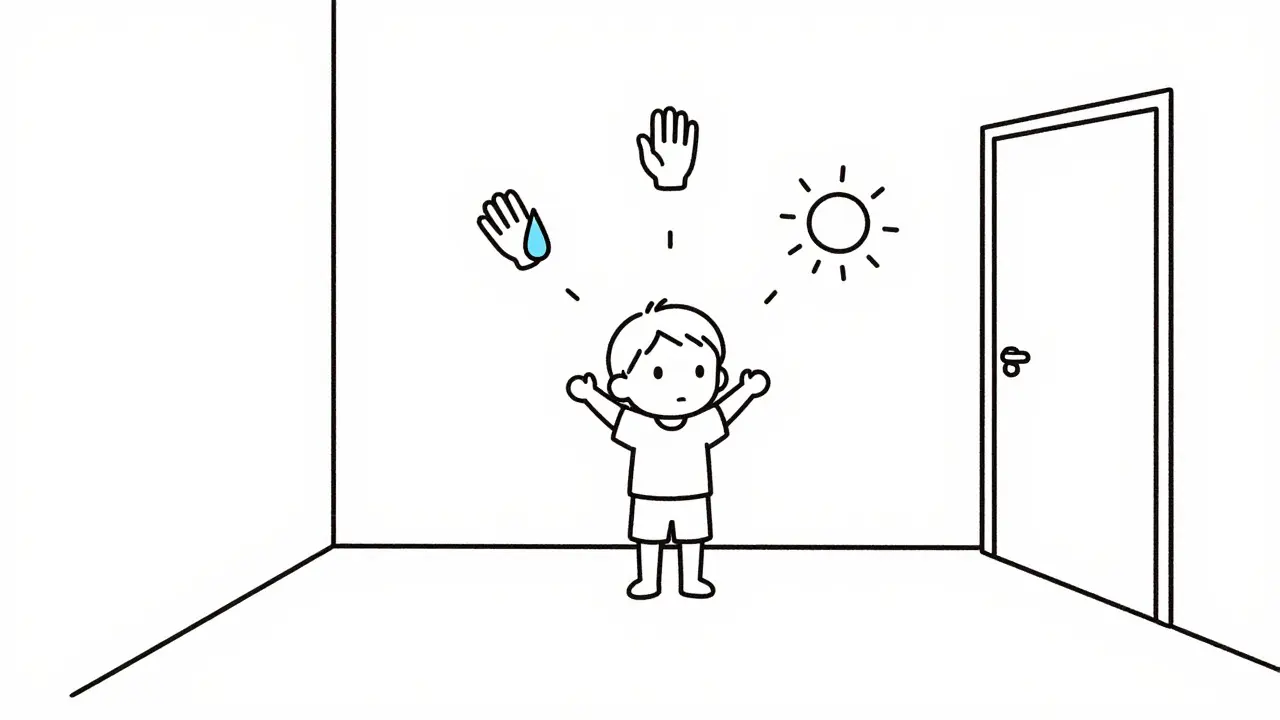 Dítě je obklopeno symboly svých neřečených potřeb.