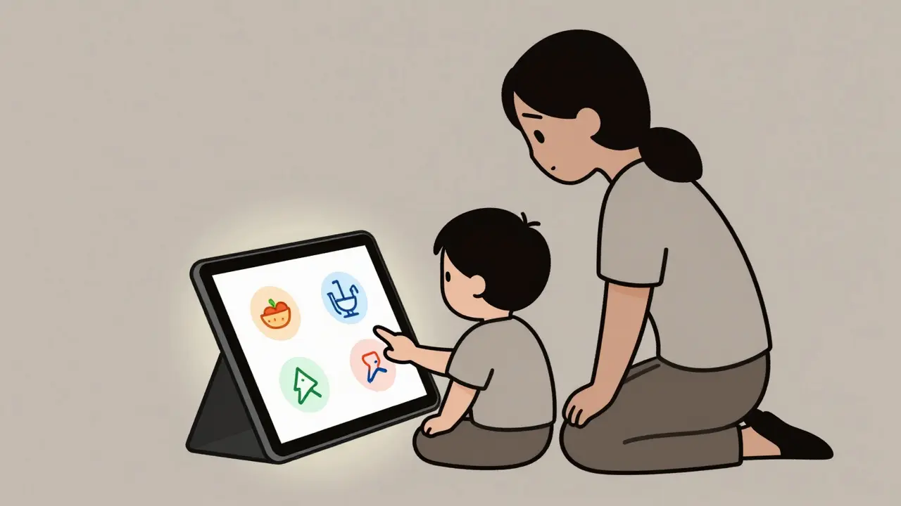 Dítě používá tablet s obrázky pro komunikaci vedle rodiče.