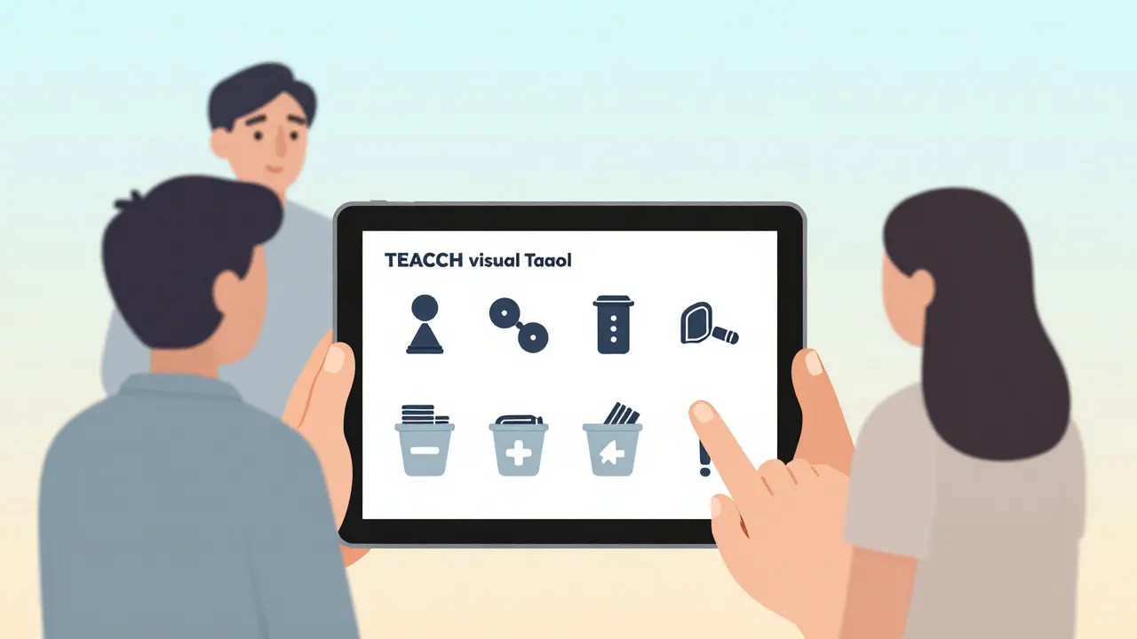 Dítě používá tablet s vizuálními úkoly, učitelka a rodič pozorují.