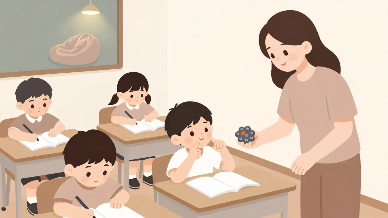 Dítě stimuluje v třídě, učitelka mu nabízí senzorickou pomůcku, v pozadí klidná zóna.