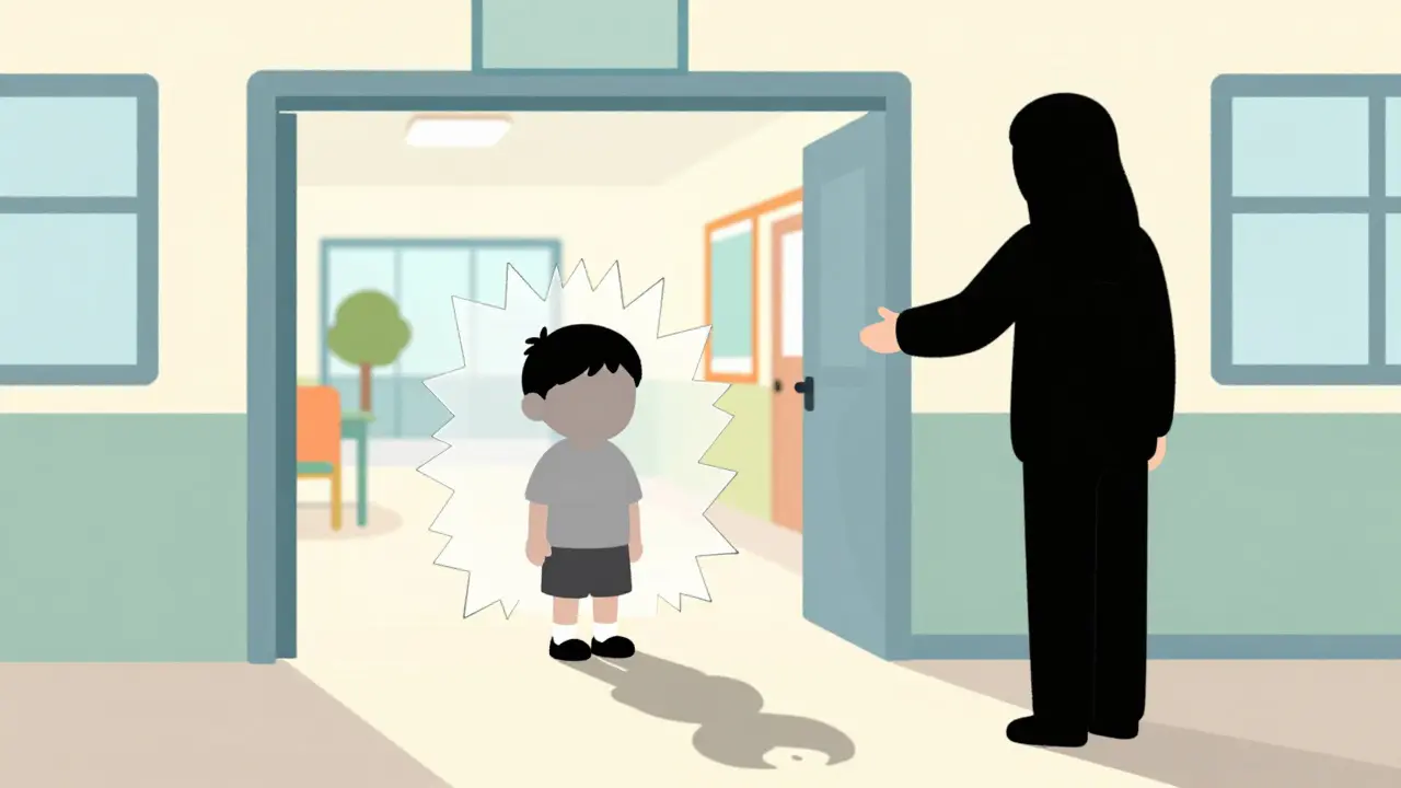 Dítě zastaveno u vchodu do školy, odděleno odvnitř.