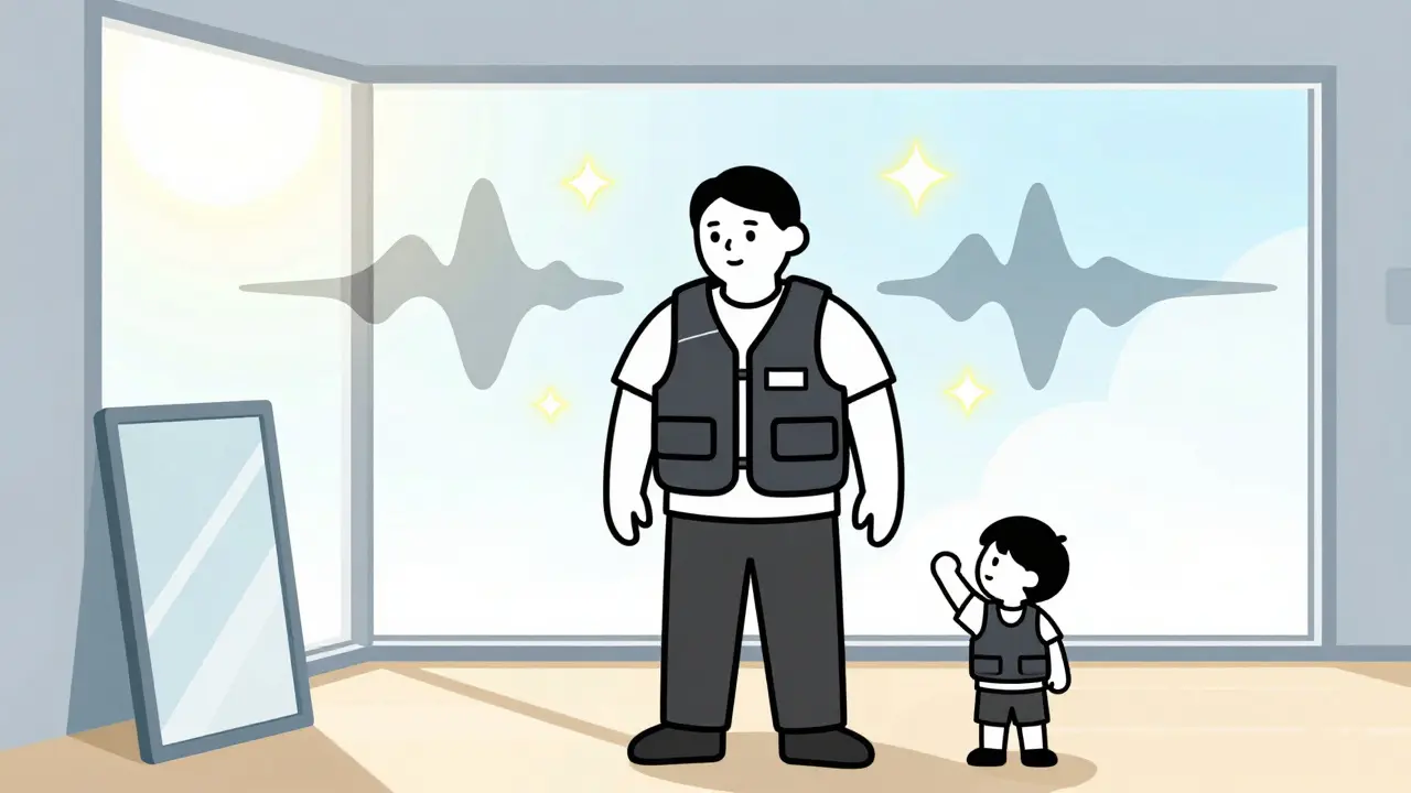 Dospělý s autismem drží těžký plášť, světlo a zvuky se rozptylují kolem něj.