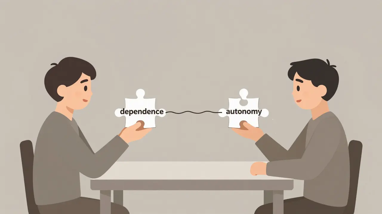 Dva lidé na protilehlých stranách stolu, každý drží kousek skládačky, spojené jen jednou čárou.