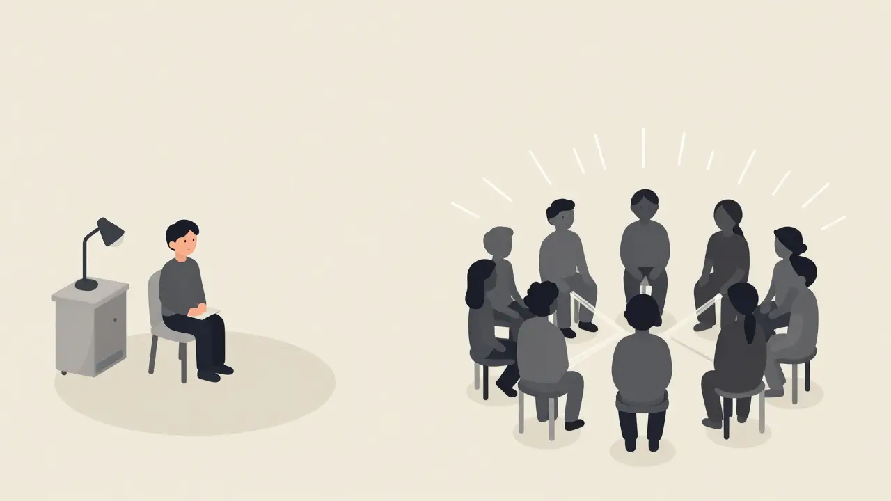 Dva scény vedle sebe: jedna osoba s terapeutem vs. stejná osoba ve skupině.