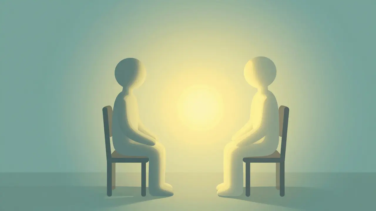 Dvě abstraktní postavy v klidném prostoru, spojené světelným impulsem důvěry.