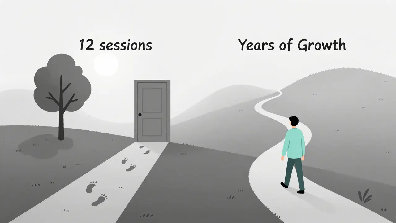 Dvě cesty od dveří: jedna krátká k stromu, druhá dlouhá do mlhy, znázorňující různé délky léčby.