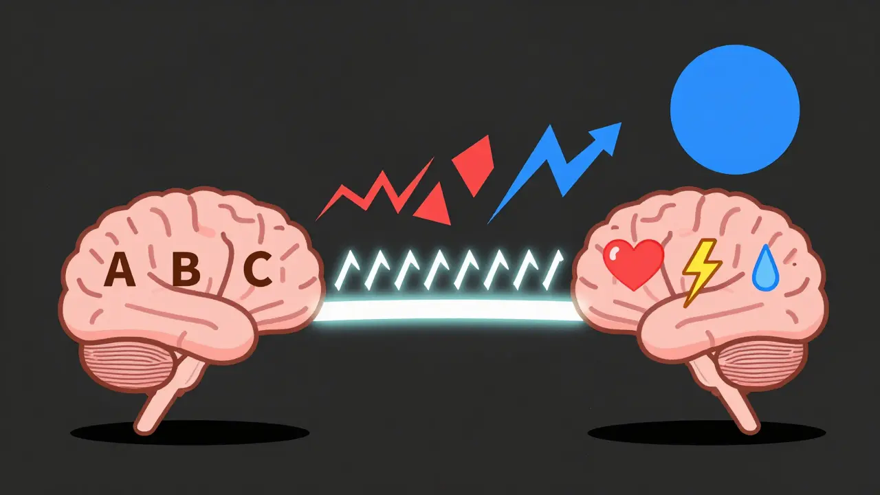 Dvě poloviny mozku spojené světelným mostem, přeměňující bolestivou vzpomínku v klid.