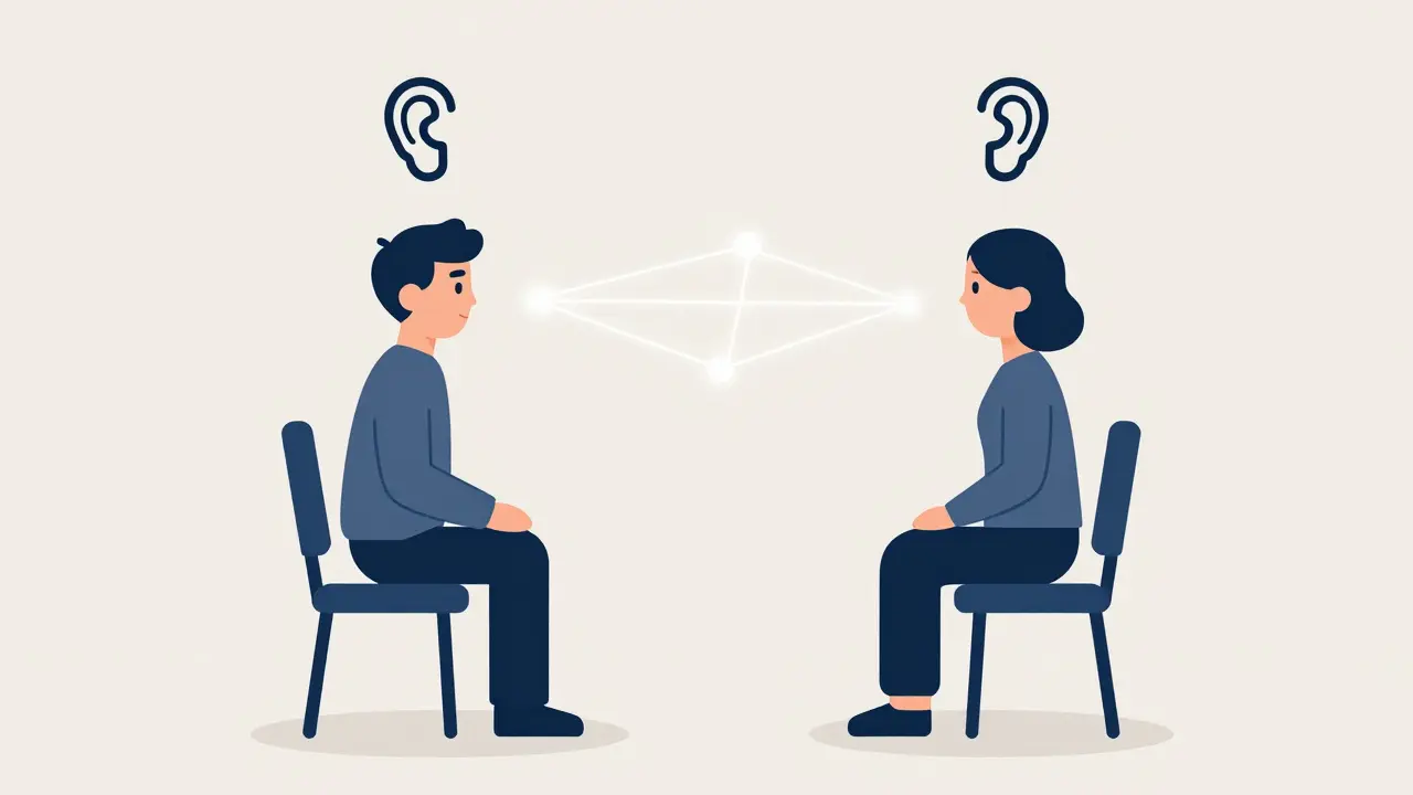 Dvě terapeuty slyší pár rovnocenně, vytvářejí spojení mezi partnery.