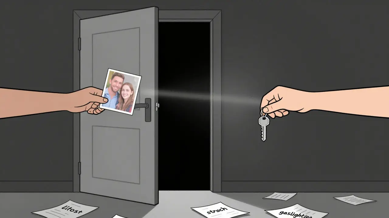 Dveře jsou otevřené, dvě ruce se blíží k sobě s fotografií a klíčem, mezi nimi světlo.