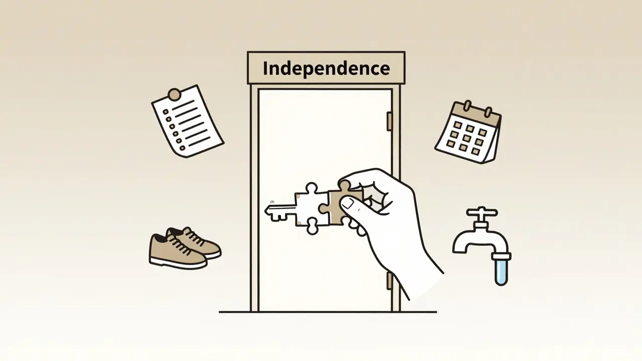 Klíč z kousků skládačky před dveřmi samostatnosti s každodenními předměty kolem.