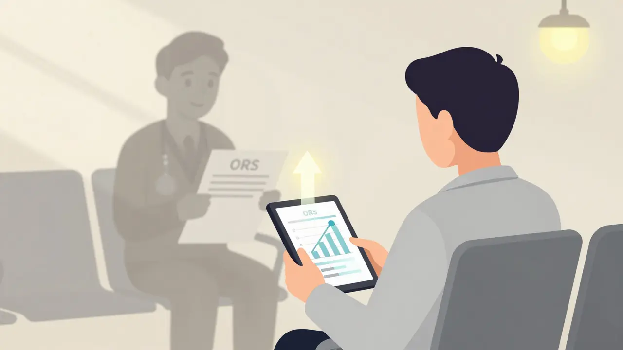 Klient vyplňuje dotazník na tabletu v čekárně, skóre stoupá.