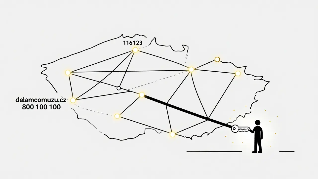 Mapa Česka s propojenými podporovými službami a klíčem anonymity.