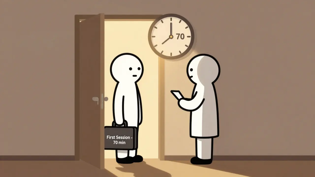 Minimální ilustrace prvního sezení psychoterapie s terapeutem a klientem v dveřích.